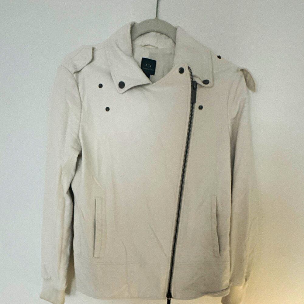 Armani Exchange Men’s White Leather Biker Jacket M Zip/Button Short Point Med